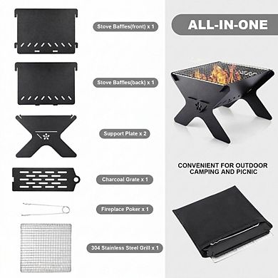 Portable Folding Charcoal Grill 13 x 10.5 Inch Firepit with Carry Case for Outdoor Cooking