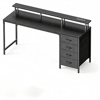 YIORTWO Gaming Desk with LED Lights Power Outlet Monitor Stand and 4 Drawers