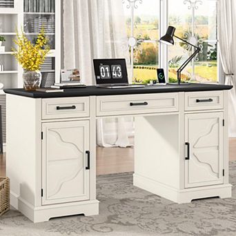 Vabches Farmhouse Executive Desk with File Drawers and Storage Cabinets, 55" Home Office Desk, White