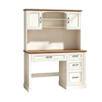 Vabches Farmhouse Executive Desk with Storage Cabinet, Charging Station and LED Lighting, White