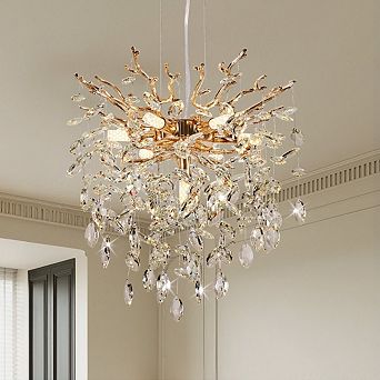 Tree Branch K9 Crystal Chandelier, 7-Light Gold Adjustable Pendant Light