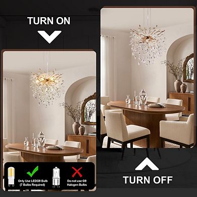 Tree Branch K9 Crystal Chandelier, 7-Light Gold Adjustable Pendant Light