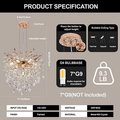 Tree Branch K9 Crystal Chandelier, 7-Light Gold Adjustable Pendant Light