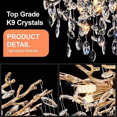 Tree Branch K9 Crystal Chandelier, 7-Light Gold Adjustable Pendant Light