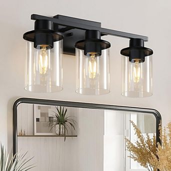 3 Light Bathroom Vanity Light, Matte Black, Clear Glass Shade Wall Sconce