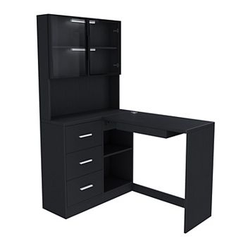KWPZQEB L-Shaped Computer Desk with Glass Cabinets & Built-In LED,USB Charging Ports & Keyboard Tray