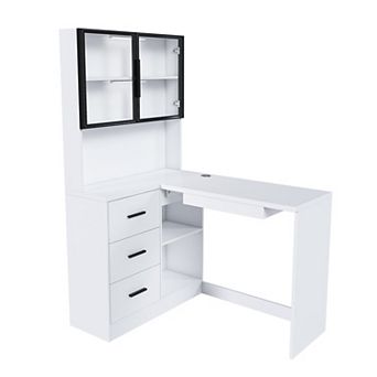 KWPZQEB L-Shaped Computer Desk with Glass Cabinets & Built-In LED,USB Charging Ports & Keyboard Tray