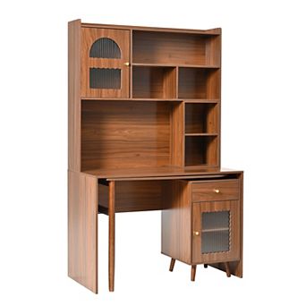 KWPZQEB Computer Desk with 90 Degree Rotating Desktop, L-Shaped Gaming Deskwith Shelves & Drawers