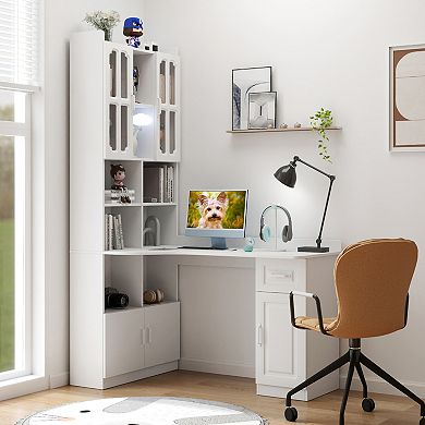 KWPZQEB L-Shaped Corner Computer Desk with Drawers & Bookshelf, 2-in-1 Computer Desk for Home Office