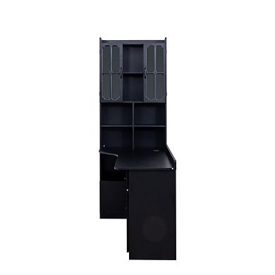 KWPZQEB L-Shaped Corner Computer Desk with Drawers & Bookshelf, 2-in-1 Computer Desk for Home Office