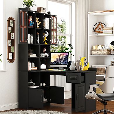 KWPZQEB L-Shaped Corner Computer Desk with Drawers & Bookshelf, 2-in-1 Computer Desk for Home Office