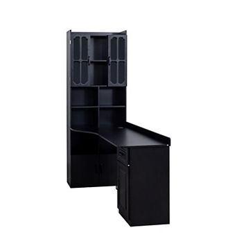 KWPZQEB L-Shaped Corner Computer Desk with Drawers & Bookshelf, 2-in-1 Computer Desk for Home Office