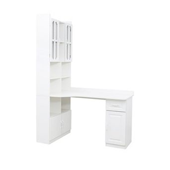 KWPZQEB L-Shaped Corner Computer Desk with Drawers & Bookshelf, 2-in-1 Computer Desk for Home Office