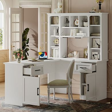 KWPZQEB L-Shaped Computer Desk with 2 Cabinets & 2 Drawers, Flip Shelf & Power Outlet for Office