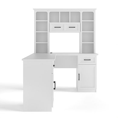 KWPZQEB L-Shaped Computer Desk with 2 Cabinets & 2 Drawers, Flip Shelf & Power Outlet for Office