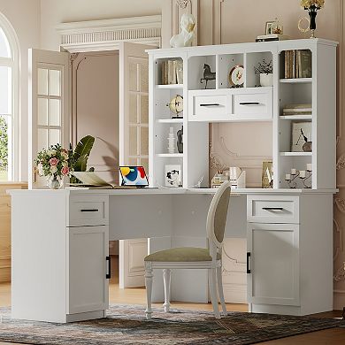KWPZQEB L-Shaped Computer Desk with 2 Cabinets & 2 Drawers, Flip Shelf & Power Outlet for Office