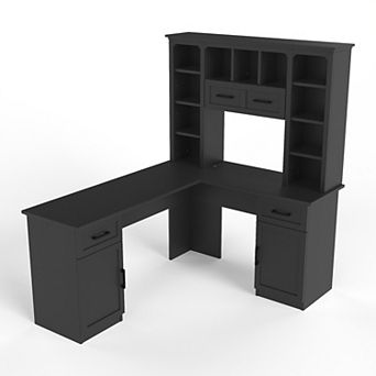 KWPZQEB L-Shaped Computer Desk with 2 Cabinets & 2 Drawers, Flip Shelf & Power Outlet for Office
