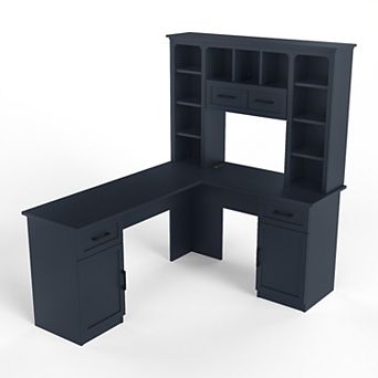 KWPZQEB L-Shaped Computer Desk with 2 Cabinets & 2 Drawers, Flip Shelf & Power Outlet for Office