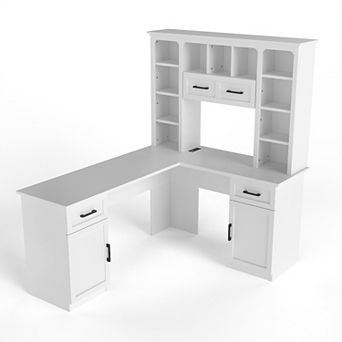 KWPZQEB L-Shaped Computer Desk with 2 Cabinets & 2 Drawers, Flip Shelf & Power Outlet for Office