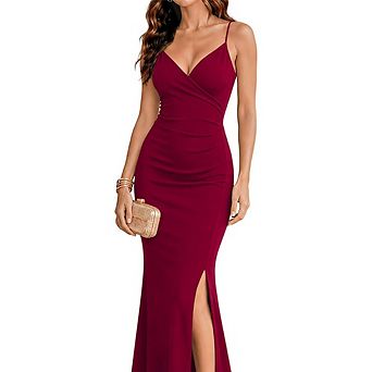 Women's Spaghetti Strap V Neck Mermaid Maxi Dress, Wrap Slit Formal Cocktail Wedding Guest Gown