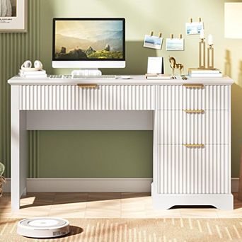 Vabches Fluted Executive Desk with Drawers, Modern Wood Home Office Desk with File Storage
