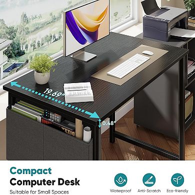 YIORTWO Small Computer Desk with Storage Bag Hook Metal Frame Study Table
