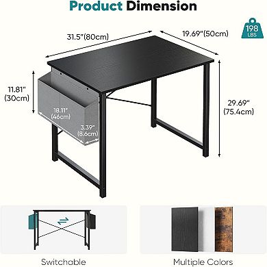 YIORTWO Small Computer Desk with Storage Bag Hook Metal Frame Study Table