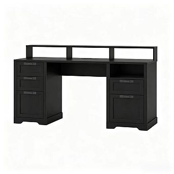 61" Farmhouse Executive Desk with Monitor Stand, File Drawers, LED Lights & Power Outlets