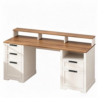 Vabches 61 Inch Computer Desk with LED Light, Monitor Stand, Charging Station & 5 Drawers