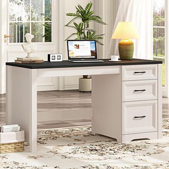 Vabches 55" Farmhouse Executive Desk with Drawers, Rustic Wood Home Office Computer Writing Desk