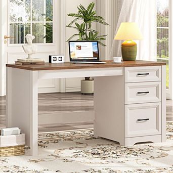Vabches 55" Farmhouse Executive Desk with Drawers, Rustic Wood Home Office Computer Writing Desk