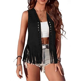Womens Fringe Vest Causal Open Front Sleeveless Hollow Out Western Cardigan Vest for Music Festival