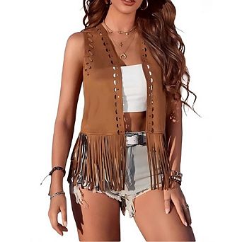 Womens Fringe Vest Causal Open Front Sleeveless Hollow Out Western Cardigan Vest for Music Festival