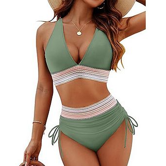 Women's V-Neck Drawstring High Waist Push Up Bikini Set Tummy Control Two-Piece Swimwear