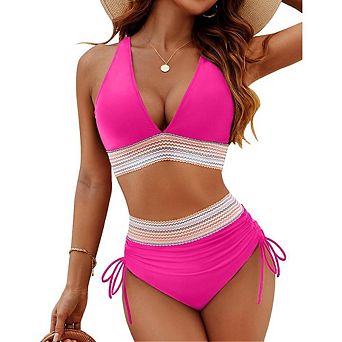 Women's V-Neck Drawstring High Waist Push Up Bikini Set Tummy Control Two-Piece Swimwear