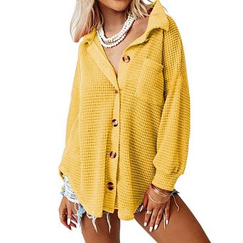 Womens Waffle Knit Shacket Jacket Casual Dressy Long Sleeve Button Down Shirts Blouses Tops