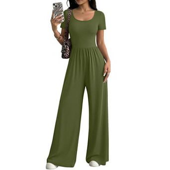 Ekouaer Jumpsuits for Womens Short Sleeve Wide Leg Romper Square Neck Jumper One Piece Overalls