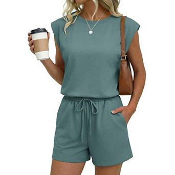 Ekouaer Womens Romper Short Jumpsuit Cap Sleeve Drawstring One Piece Lounge Beach Outfit
