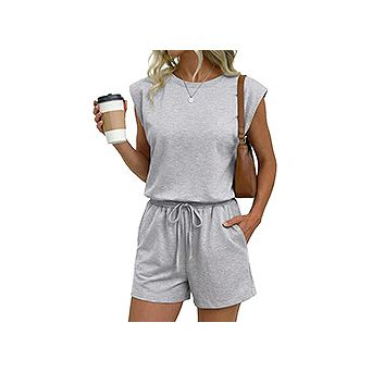 Ekouaer Womens Romper Short Jumpsuit Cap Sleeve Drawstring One Piece Lounge Beach Outfit