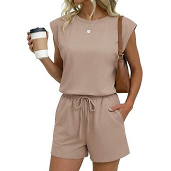 Ekouaer Womens Romper Short Jumpsuit Cap Sleeve Drawstring One Piece Lounge Beach Outfit