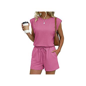 Ekouaer Womens Romper Short Jumpsuit Cap Sleeve Drawstring One Piece Lounge Beach Outfit