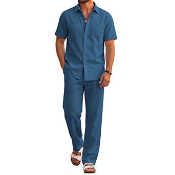 COOFANDY Men's Summer Outfits 2 pc Linen Sets Beach Button Down Shirt Casual Loose Pants Set