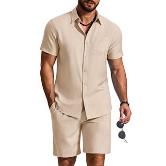 COOFANDY Men's Vacation Outfits Linen Shorts Set Men's 2 pc Casual Beach Outfits