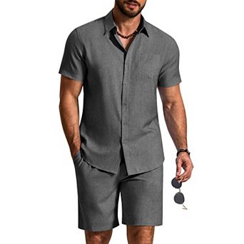 COOFANDY Men's Vacation Outfits Linen Shorts Set Men's 2 pc Casual Beach Outfits