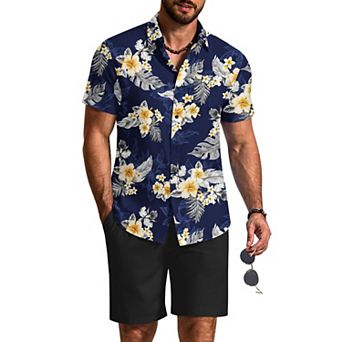 COOFANDY Men's Vacation Outfits Linen Shorts Set Men's 2 pc Casual Beach Outfits
