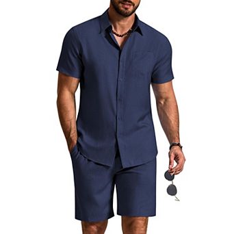 COOFANDY Men's Vacation Outfits Linen Shorts Set Men's 2 pc Casual Beach Outfits