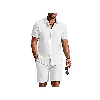 COOFANDY Men's Vacation Outfits Linen Shorts Set Men's 2 pc Casual Beach Outfits