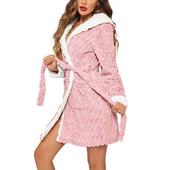 Ekouaer Women Short Robes with Hood Knee Length Winter Warm Bathrobe Fleece Plush Fluffy Robe Pink