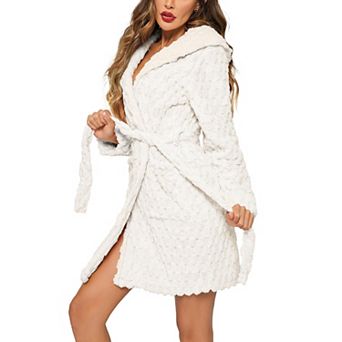 Ekouaer Women Short Robes with Hood Knee Length Winter Warm Bathrobe Fleece Plush Fluffy Robe Pink