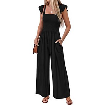 Ekouaer Womens Casual Jumpsuits Summer Boho Outfits Smocked Wide Leg Vacation Jumper With Pockets